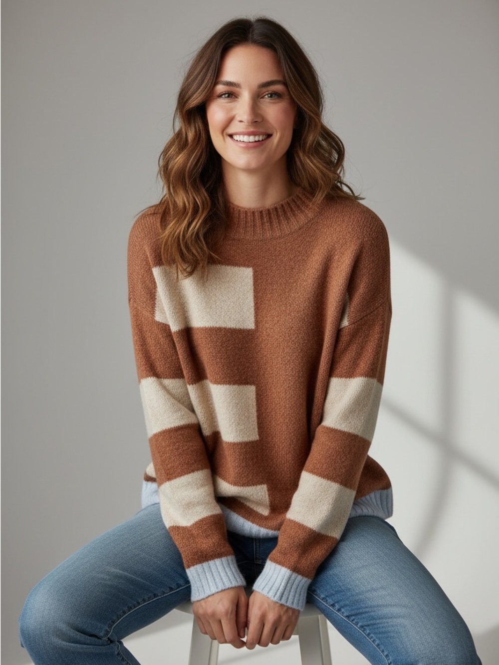 Hem & Thread Brown and Cream Crew Neck Sweater, Women’s Small